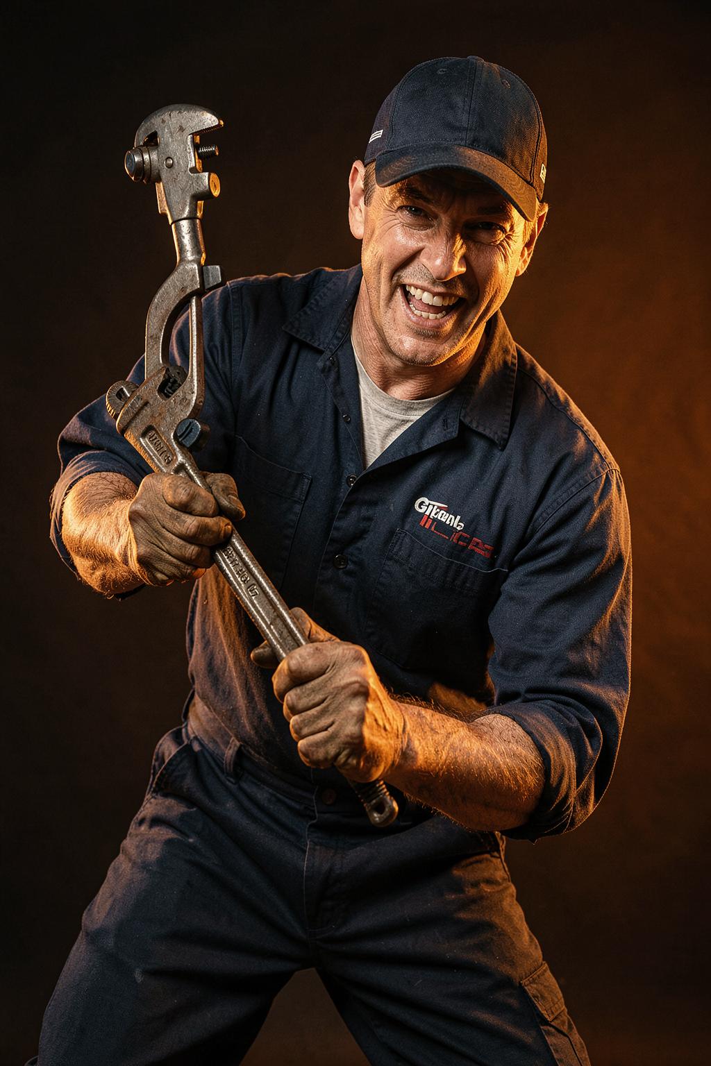 Plumber wielding a pipe wrench